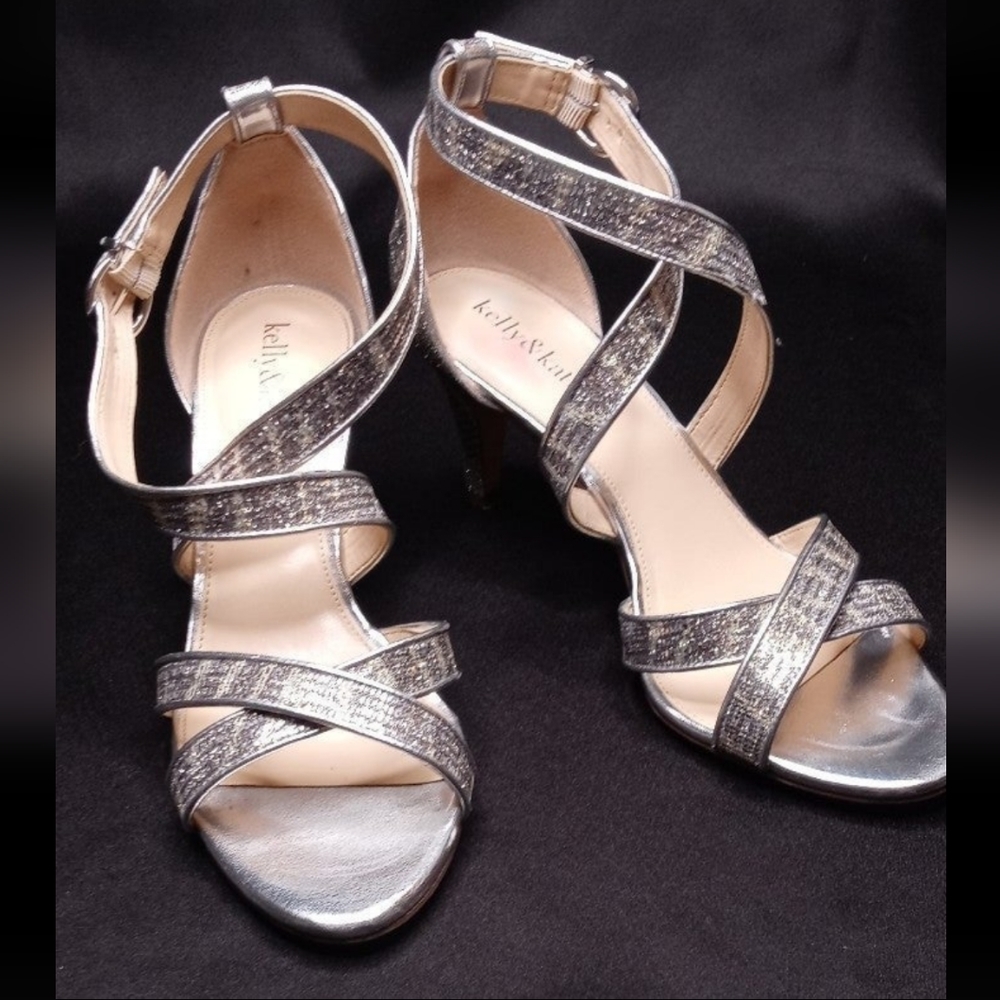 Kelly & Katie Sparkly Silver & Gold Strappy Ankle Heels Women's Size 8.5